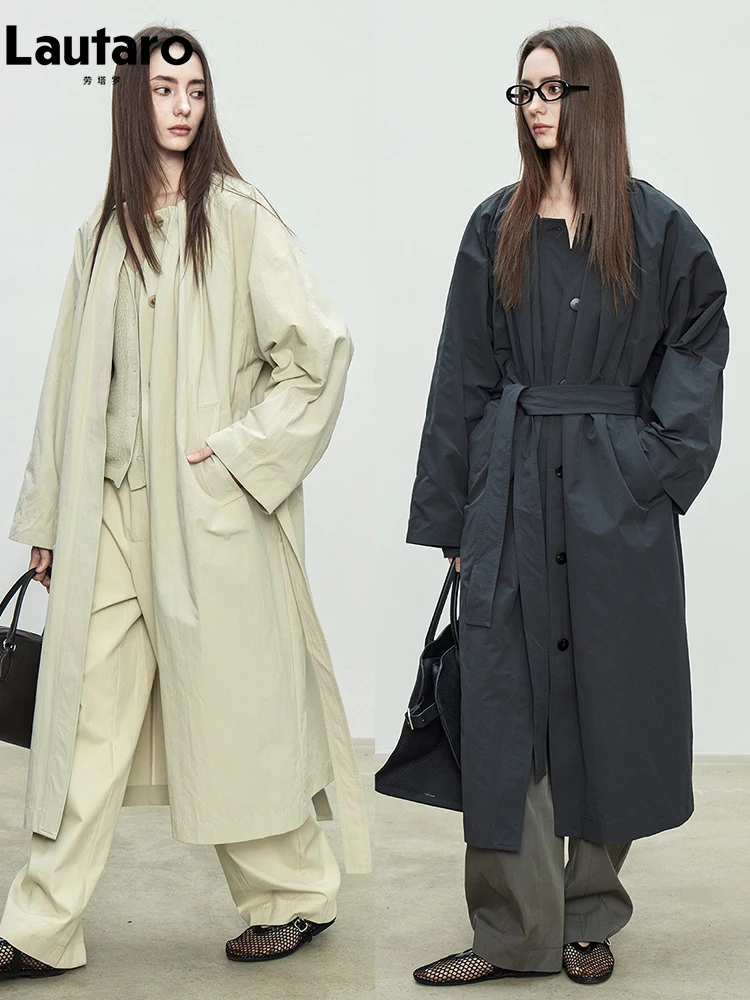 Lautaro Spring Autumn Long Oversized Navy Blue Trench Coat for Women Single Breasted Elegant Chic Luxury Designer Clothing 2026 view 4