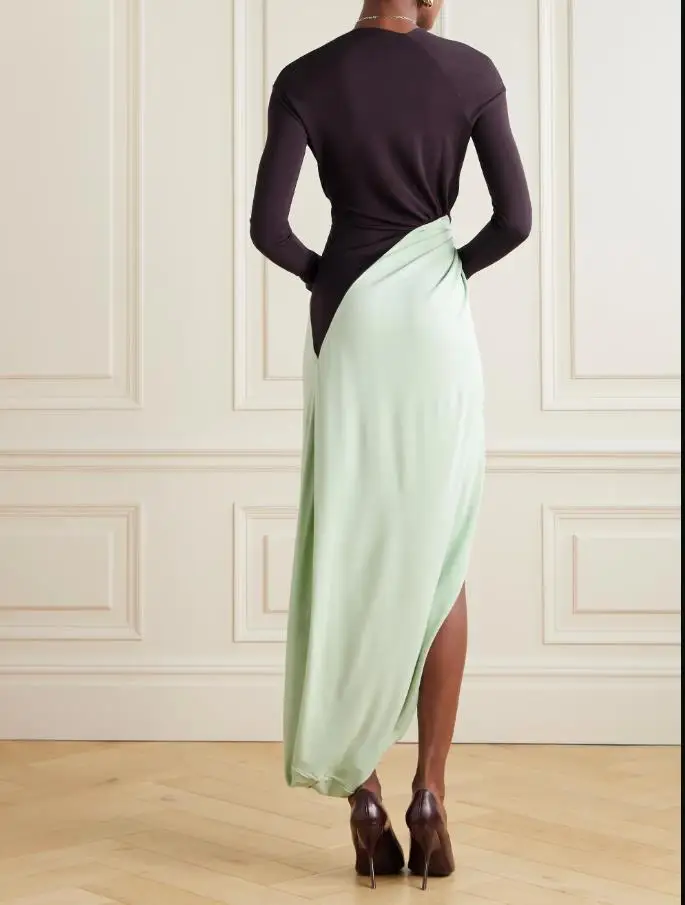 Customized Knotted Gathered Two-tone Jersey Gown 2025 Contrast Color Asymmetrical Hem Prom Dress Deep V Neck Long Sleeve Bodycon