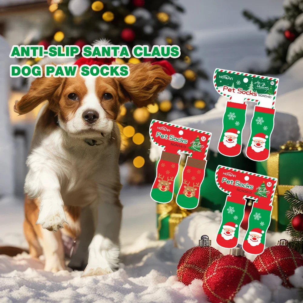 Christmas Socks for Santa Claus Elk Snowman Pet Socks Non Slip Foot Cover Christmas Supplies Dog Shoes for Small Dogs