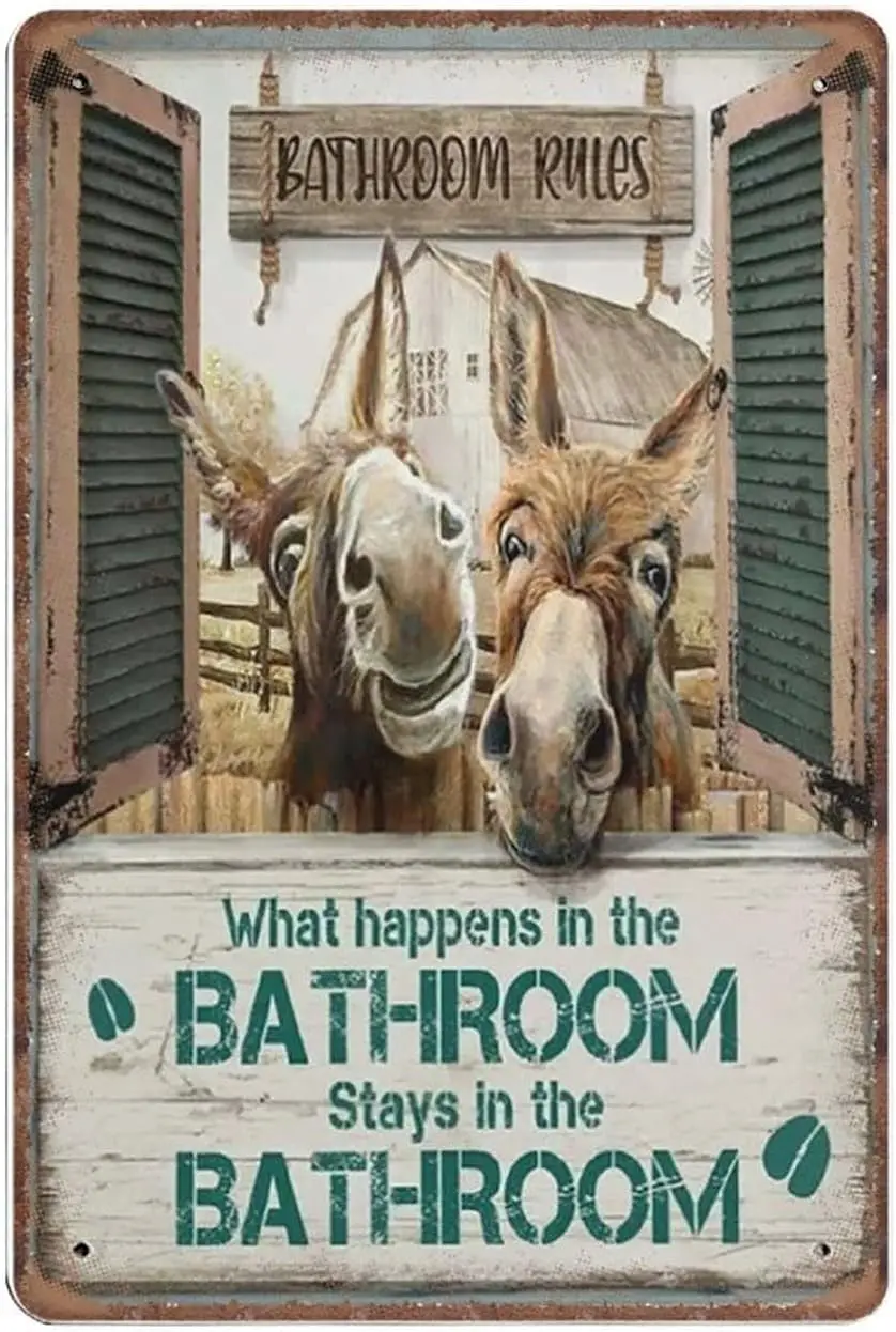 Rustic Retro Metal Tin Sign Donkey What Happen in Bathroom Stay in Wall-Art for Bathroom Living-Room and Office Decor Modern Wa