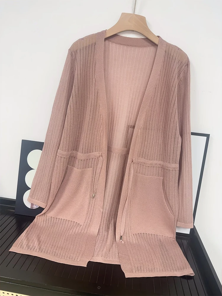 High Quality Ice Silk Knitted Cardigan Top for Women's Summer Mid Length Sun Protection Shirt Paired with Air-conditioned Shirt