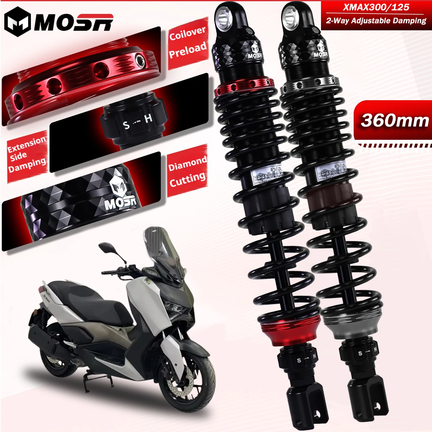 MOSR FOR YAMAHA XMAX300 XMAX125 XMAX400 BWS125 Rear Shock Absorber 360mm Dual Adjustable Suspension Parts