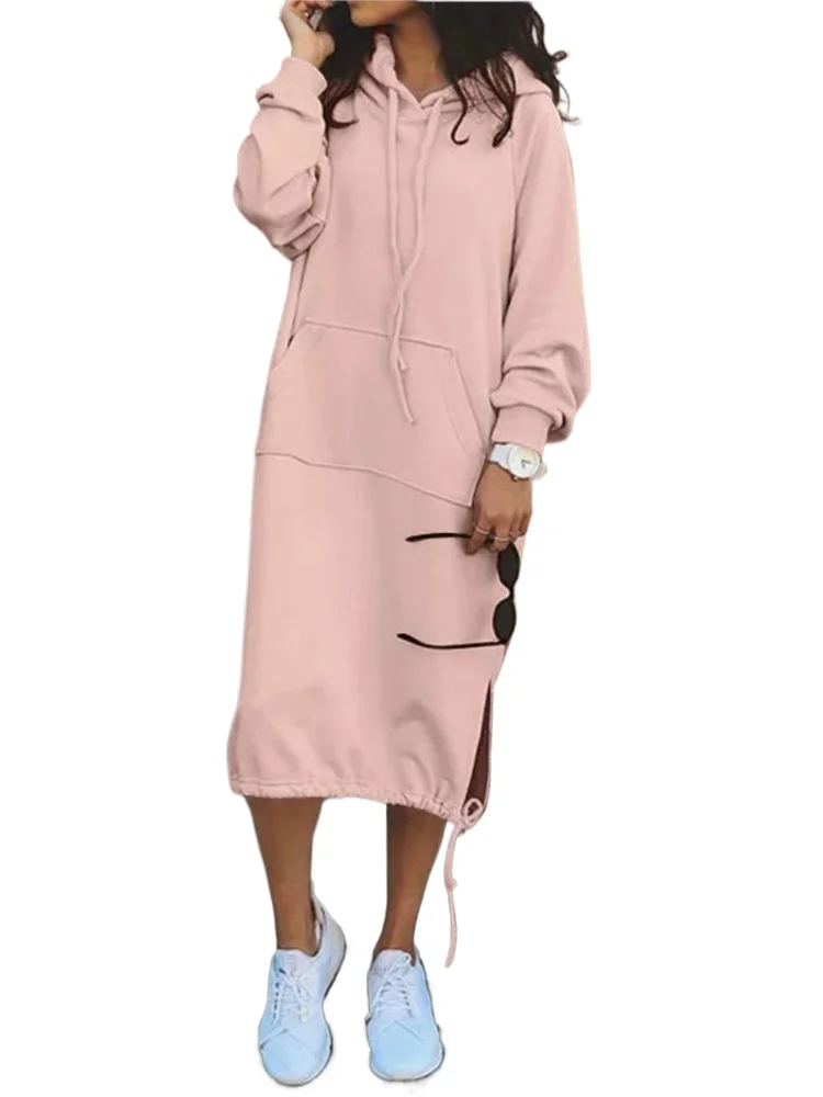 Casual Solid Color Hoodie Dresses Women Fashion Pocket Drawstring Slit Pullover Hooded Sweatshirt Dress Autumn Winter Vestidos