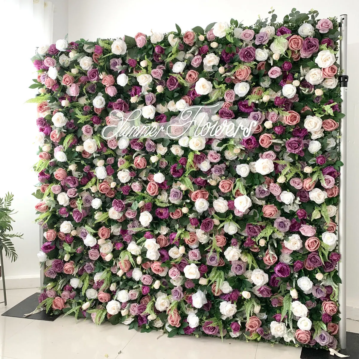 Custom luxury 3D pink purple rose green leaves,artificial flower wall,wedding background decoration,birthday event stage layout