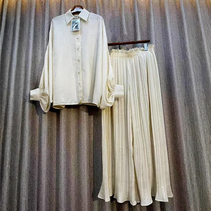 Fashion Retro Luxury Print Shirt 2 Piece Set For Women Casual Elegant Turn Down Collar Pleated Wide Leg Pants Set New Summer