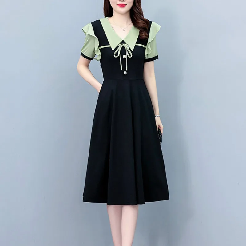 

Women's Summer Turn-down Collar Button Bow Drawstring Ruffles Pullover Color Blocking Short Sleeve Casual Office Lady Dress