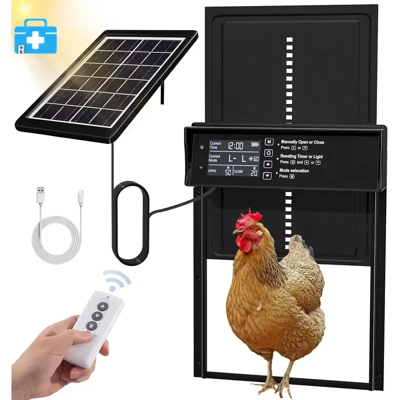 Puerta solar para gallinero, puerta automática para pollos con energía solar y carga USB, puerta automática para pollos,