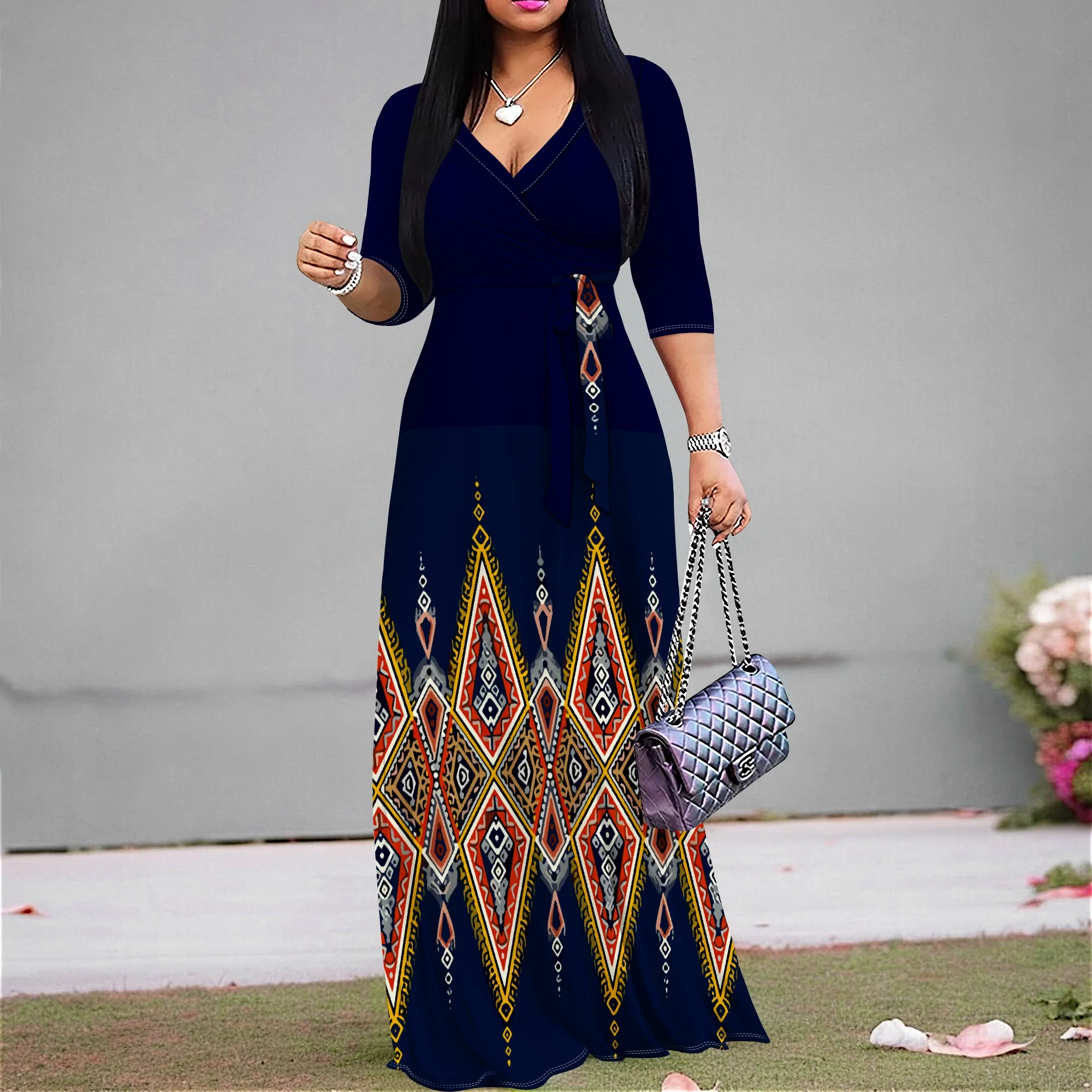 

Women Loose Fit Maxi Dress Casual Printed Hawaii Vacation V Neck 3/4 Sleeve Loose Fit Long Dress ﻿