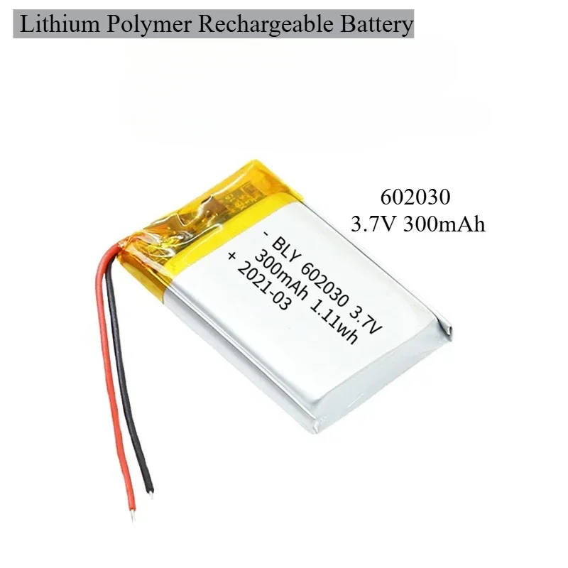 602030 3.7V 300mAh  Polymer Lithium Ion Rechargeable Battery for Toys, LED Lights, Bluetooth Speakers，Lighting, Digital Products