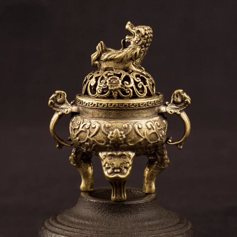 Vintage Brass Three Legged Incense Burner Chinese Qilin Lid Censer Desktop Feng Shui Collectible Ornament