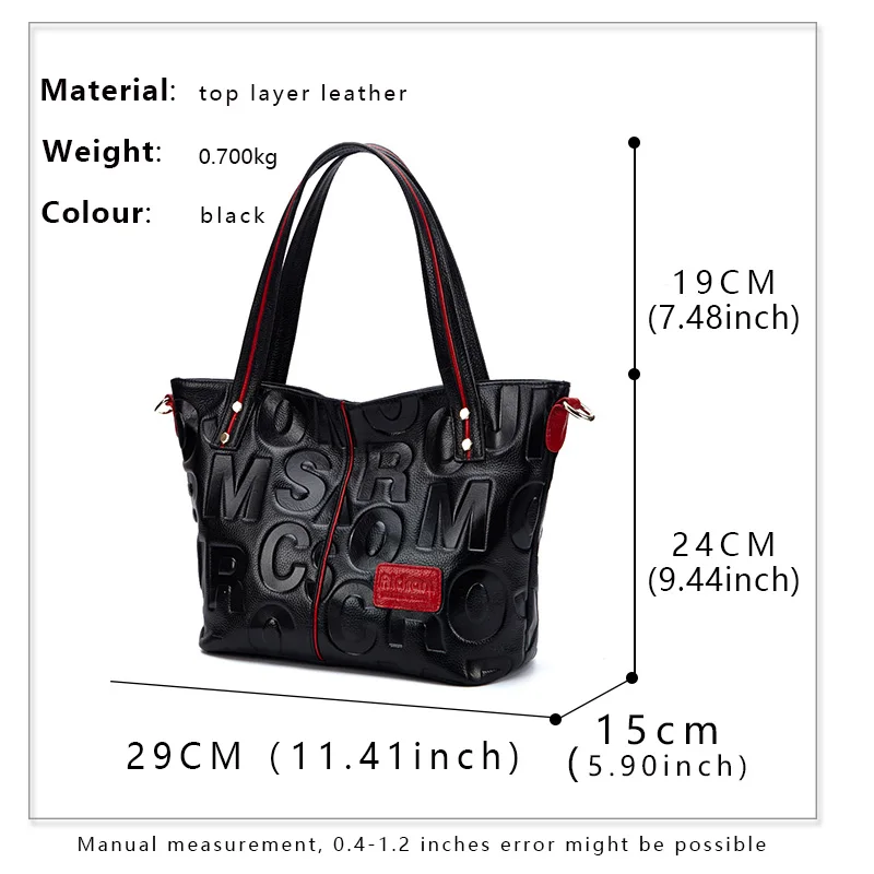 Aidrani Fashion letter women\'s handbag, made of cowhide material, black, large capacity