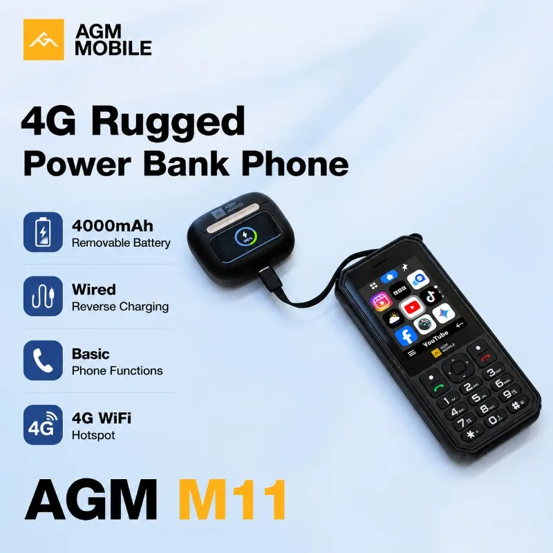 AGM M11 4G Rugged Phone IP68 Waterproof Feature Phone 4000mAh Emergency Charger Wi-Fi Hotspot Wired Reverse Charging for Outdoor