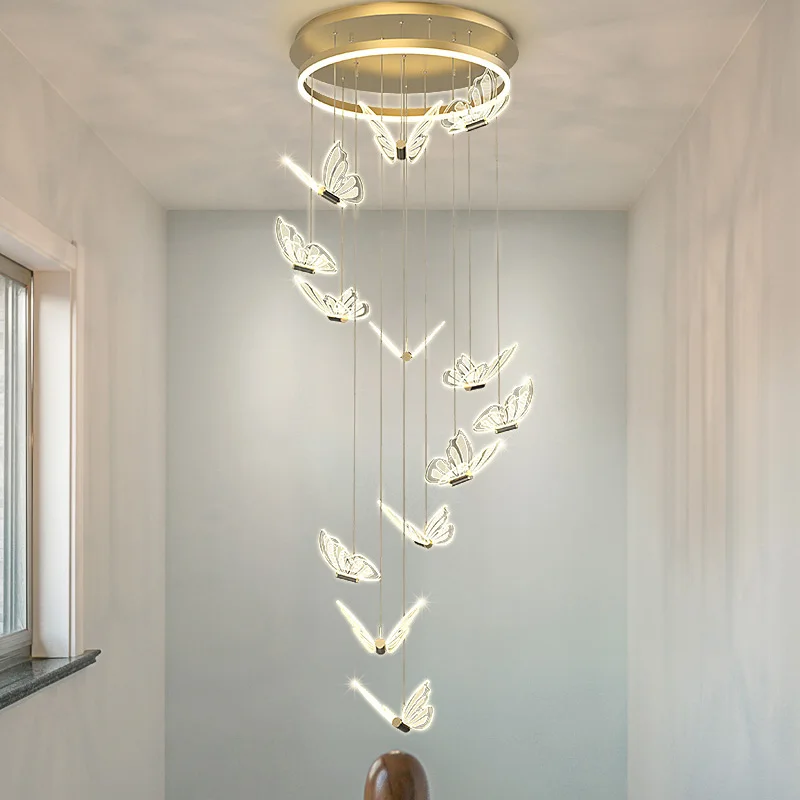 

Modern LED Stair Chandelier Rotating Butterfly Art Loft Hanging Lamp Simple Living Room Fixture Gold Lustre Dining Pendant Light