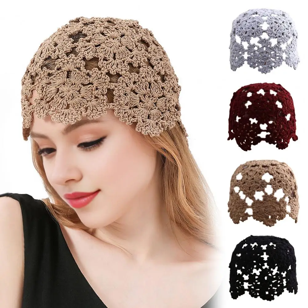 Women Knitting Hat Hollow Crochet Flower Pattern Hat Breathable Handcrafted Hat Outdoor Work Street Wear Knitted Cap