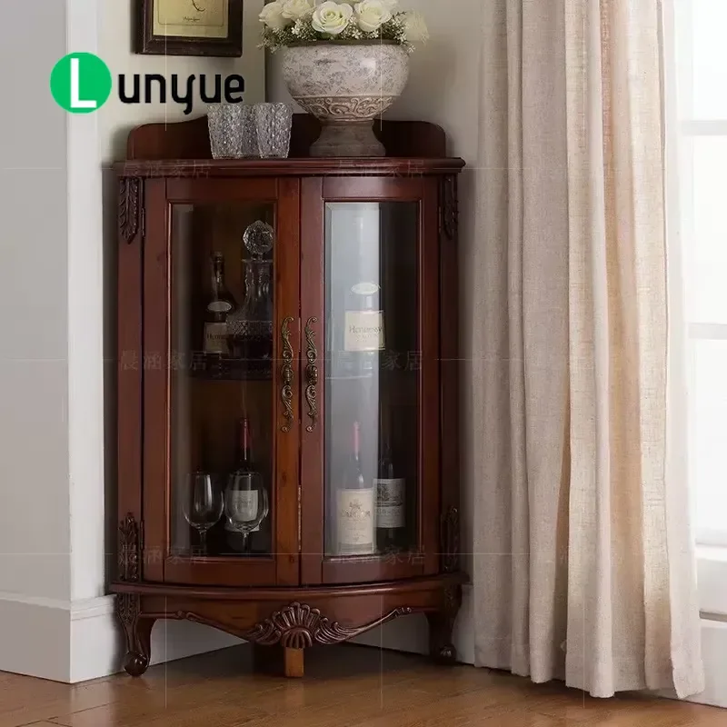Wooden Corner Wine Cabinet Home Bar Furniture Living Room Storage Shelf Modern Display Rack for Bottles Glasses Space Saving