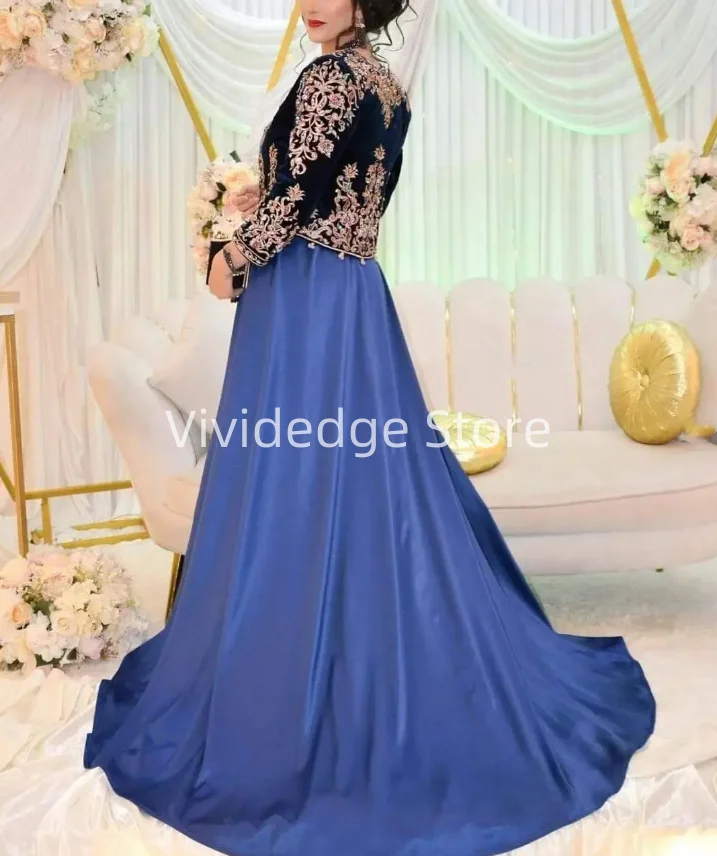 Customized  Black Royal Blue Arabian Evening Velvet Applique Embroidered Prom Dress Set Kosovo Prom Gowns