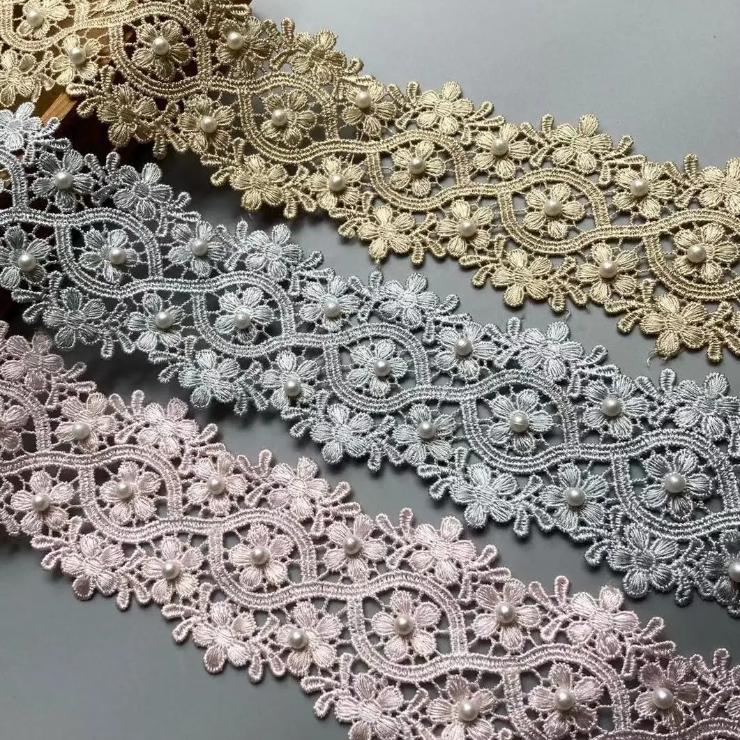 1 Yard 8CM Gray Flowers Soluble Pearl Lace Trim Ribbon Embroidered Knitting Wedding Dress Handmade Patchwork Sewing Supplies