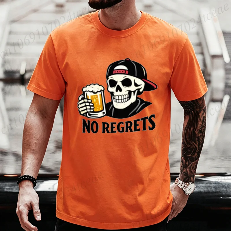 Men Gothic Skeleton Drinking Beer T-shirt Funny No Regrets Beer Quotes Graphic T-Shirts Punk Streetwear Oversized Tee Shirts