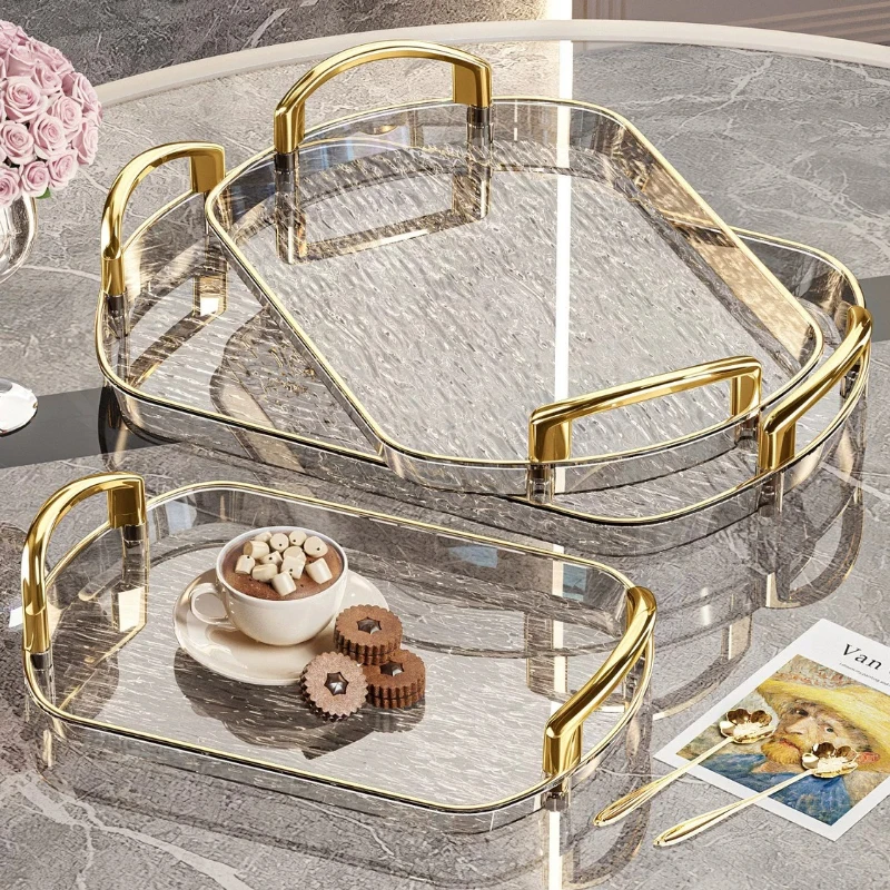 Water‑Ripple Acrylic Storage Tray with Gold Handles, Rectangular Luxury Decor Tray, Cosmetic Coffee Table Organizer,