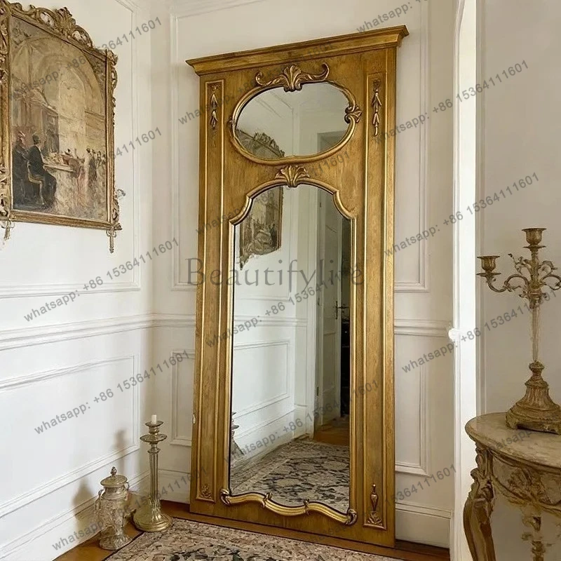 

French retro carved full-body mirror American home bedroom floor mirror living room luxury decorative mirror
