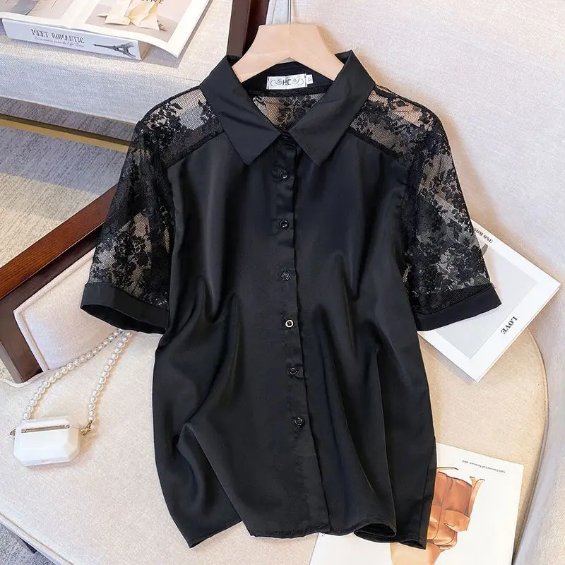 

2024 Western style new women's lapel lace patchwork chiffon shirt top cardigan shirt blouses blusa feminina