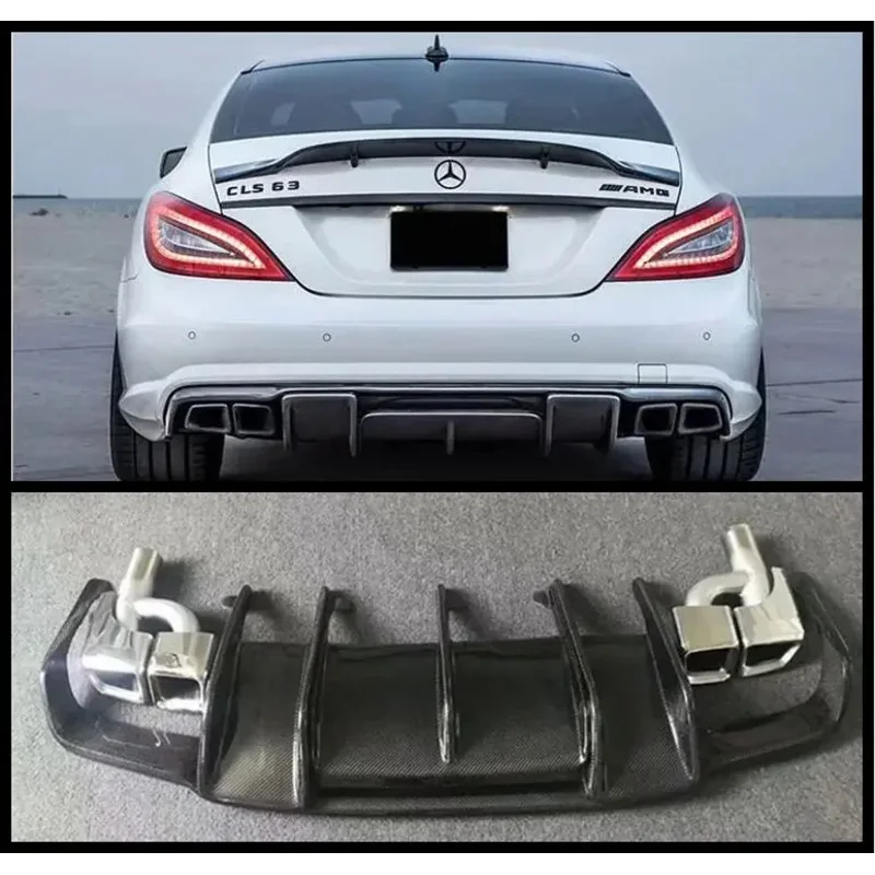 Carbon Fiber Rear Bumper Side Spoilers Lip Trunk Diffuser With Exhaust Tips For Mercedes Benz W218 CLS350 CLS63 AMG 2011-2018