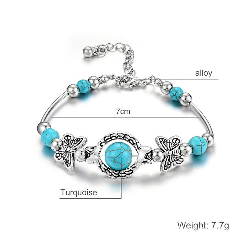 Fashion Turquoises Blue Beaded Natural Stone Butterfly Charm Bangle Bracelet For Women Boho Ethnic Vintage Silver Color Jewelry