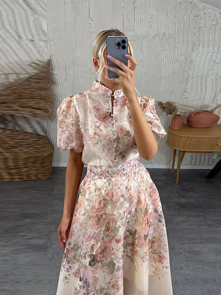 

Elegant Printed Long Skirt Set Women Loose Flower Button Short Sleeved Shirt Pleated A-line Skirts 2025 Summer Party Lady Outfit
