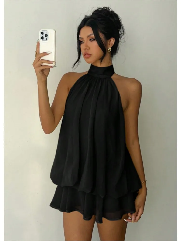 Nouvelle Robe Courte Halter Unie pour Femme avec Volants Superposés, Dos Ouvert et Détail à Nouer – Robe de Soirée Courte Décontractée et Élégante pour l'Été