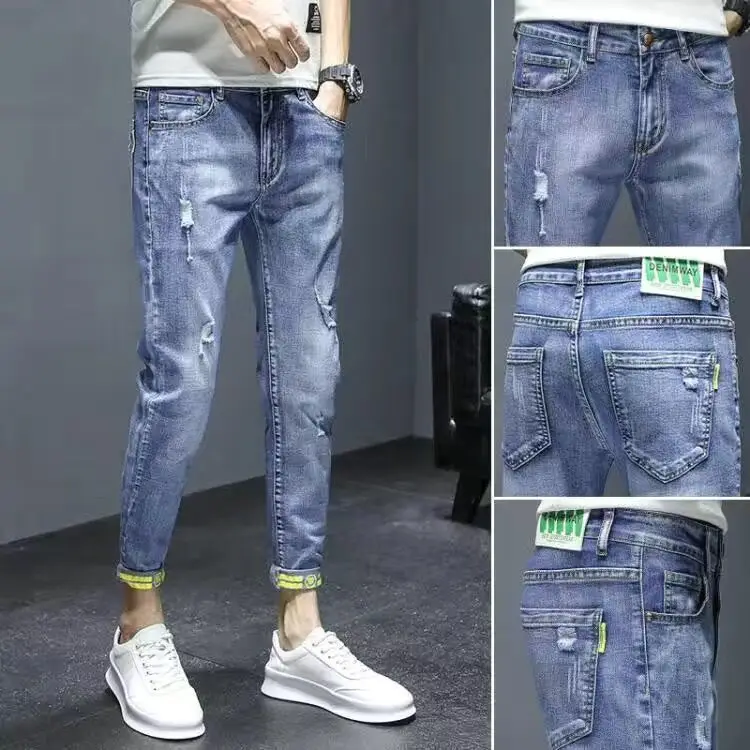 

High Waist Slim Fit Casual Men's Denim Jeans Non-Stretch Autumn Winter Faion Retro High-End Long Trousers for Men