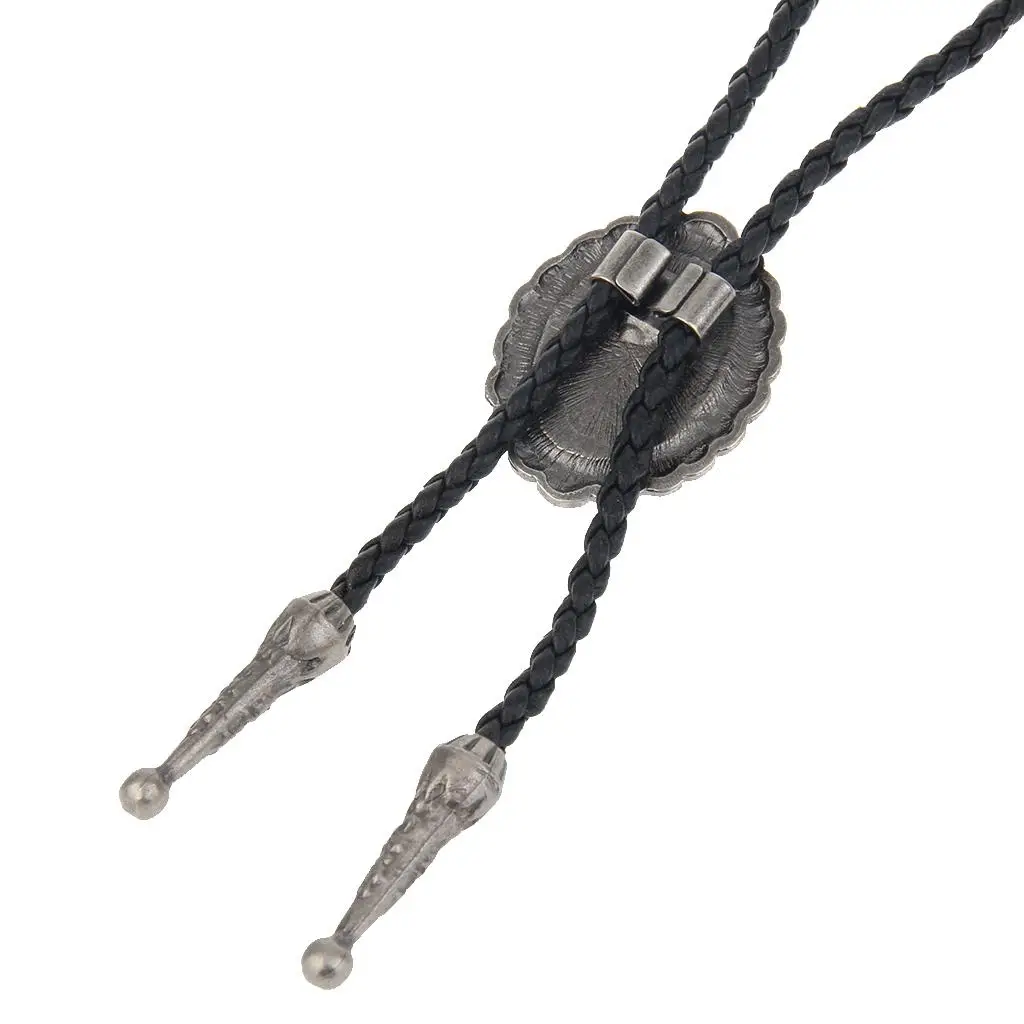 Black Rope Oval Gemstone Bolo Bola Tie Rodeo Cowboy PU Leather Lady Necktie
