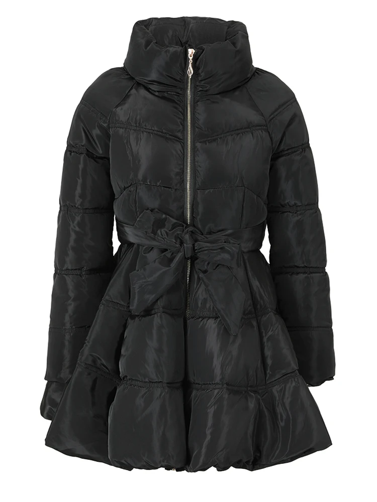 [EAM] abrigo acolchado de algodón con lazo negro, Parkas holgadas de manga larga para mujer, moda de tendencia, nuevo Otoño Invierno 2024 1DH5282