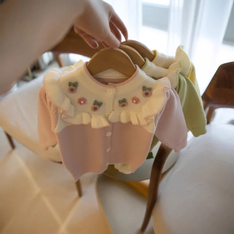 Children Sweater Korean Style Kids Spring Autumn New Girls Fresh 3D Flower Single‑Breasted Knit Cardigan