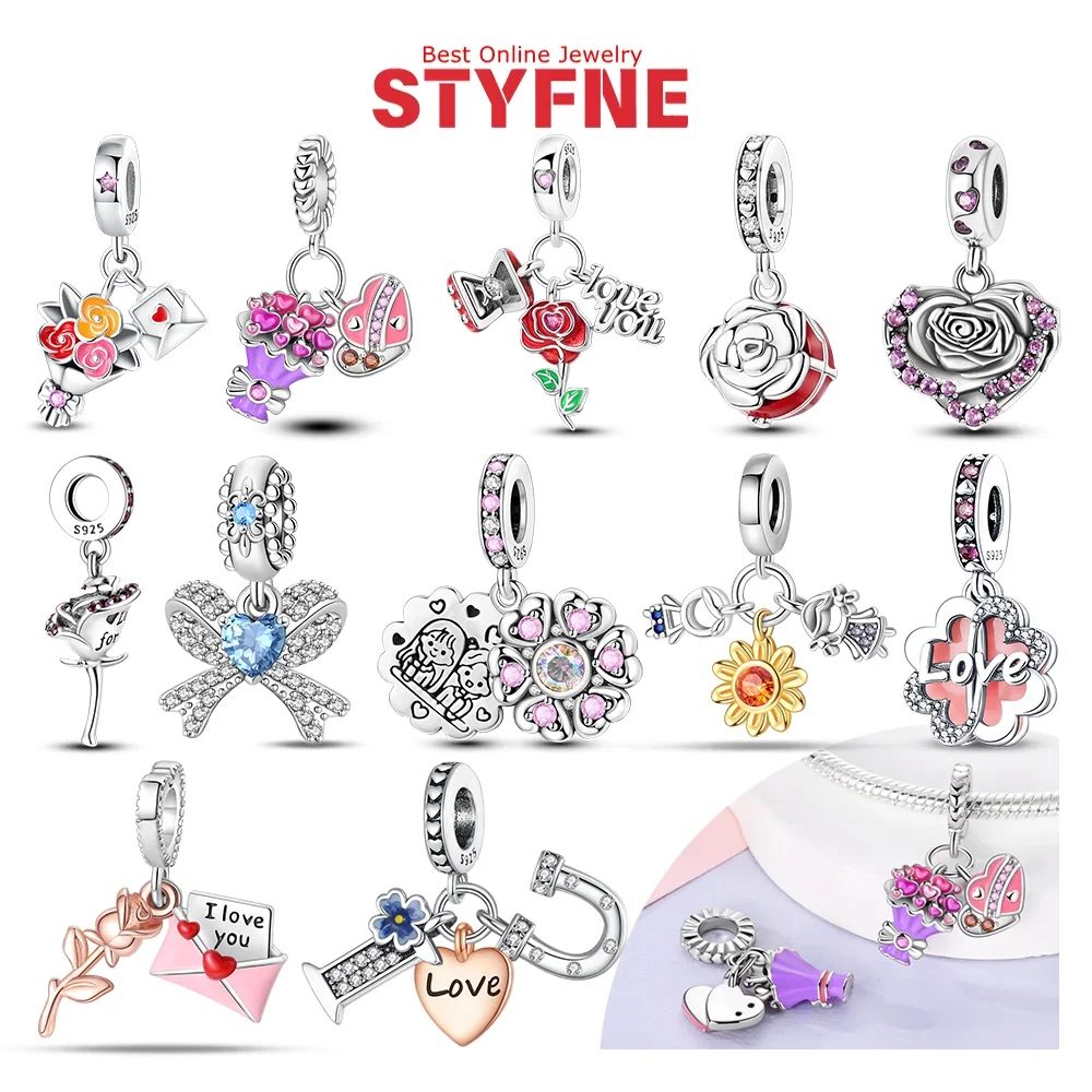 

925 Silver Zircon Love Flower Bow Envelope Sunflower Charms Beads Fit 925 Original Bracelet Fine DIY Jewelry Exquisite Gift