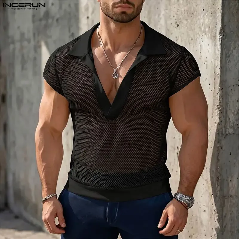 INCERUN Men's T Shirt Mesh Patchwork V Neck Short Sleeve Male Tee Tops Streetwear See Through 2026 Fashion Casual Men Clothes