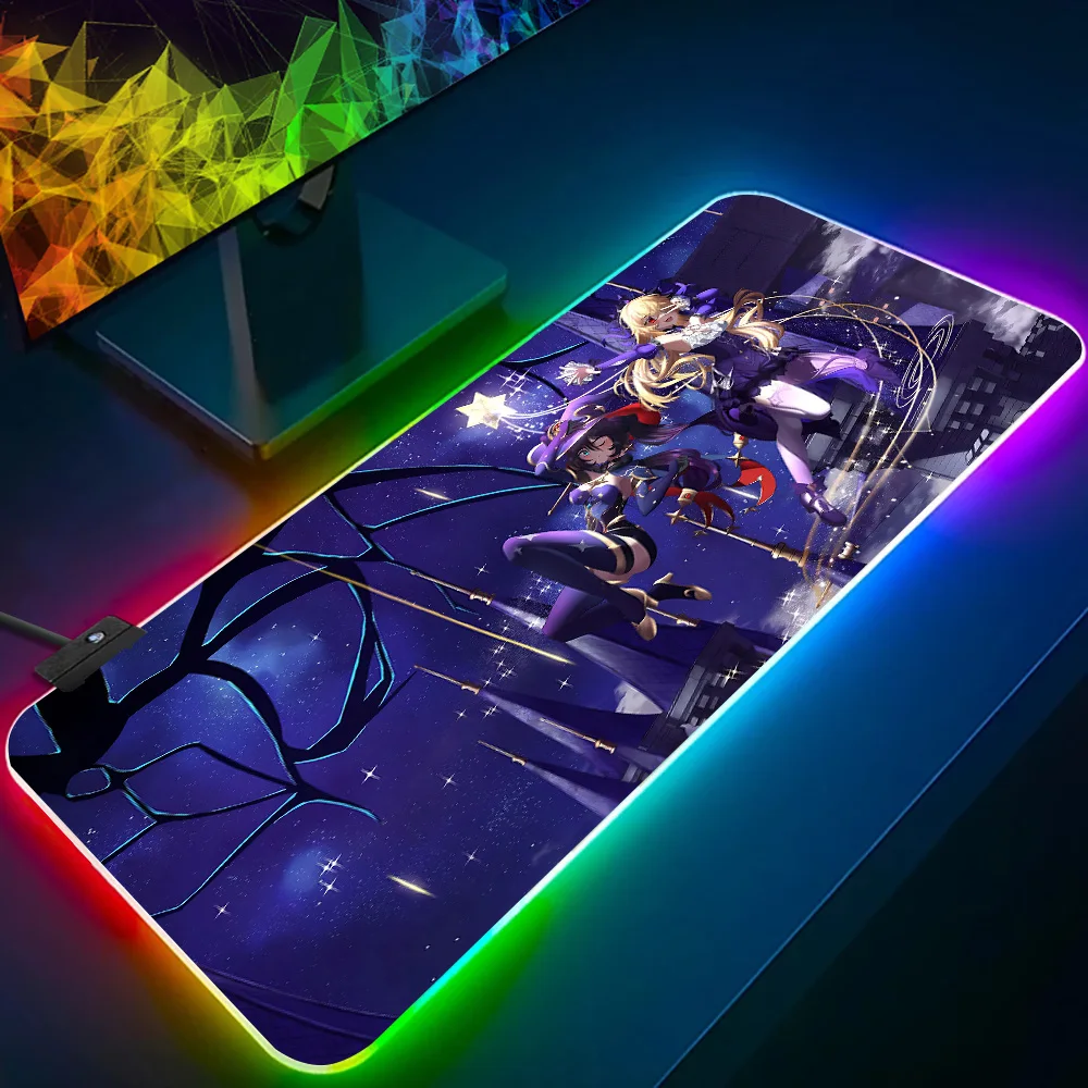 Fischl Genshin ImpactRGB Pc Gamer Keyboard Mouse Pad Mousepad LED Glowing Mouse Mats Rubber Gaming Computer Mausepad