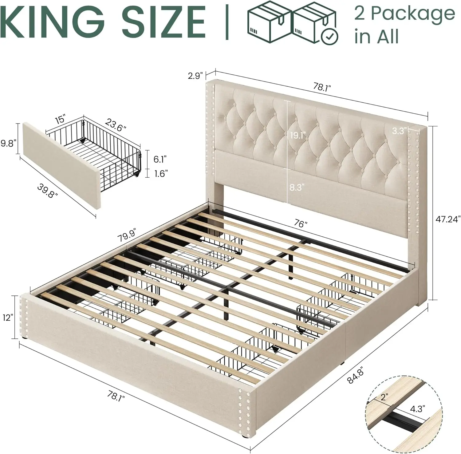 King Size Platform Bed Frame with 4 Storage Drawers and Headboard Linen Upholstered Bed Frame Tufted Beds Easy Assembly Beige