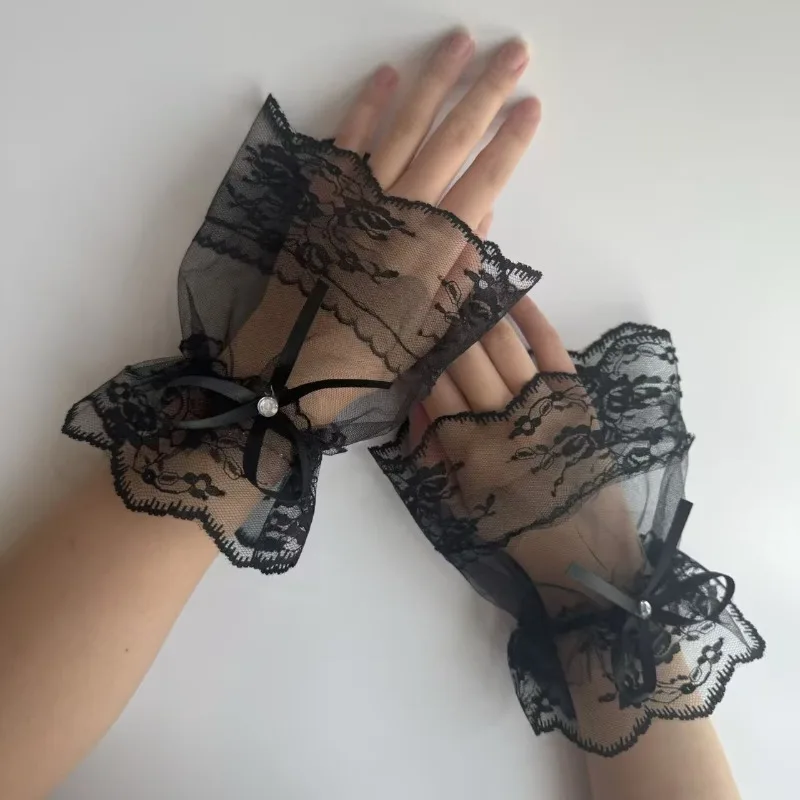 

Черные рукавные накладки на руки в стиле Лолита, кружевные, с сеткой и бантом, для Хэллоуина, свадебные перчатки в стиле призрака
