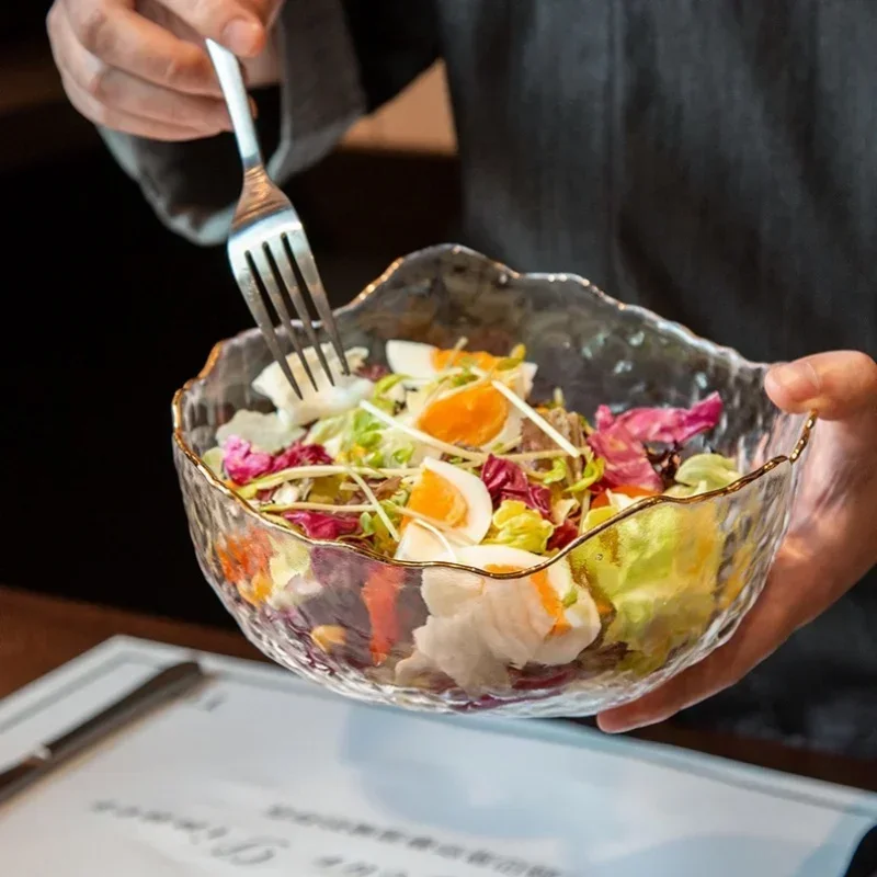 Hot 380/750/1450ml Salad Glass Bowl Gold Edge Fruit Candy Snack Foods Mixing Bowl Large Desktop Vegetable Salad Glass Container