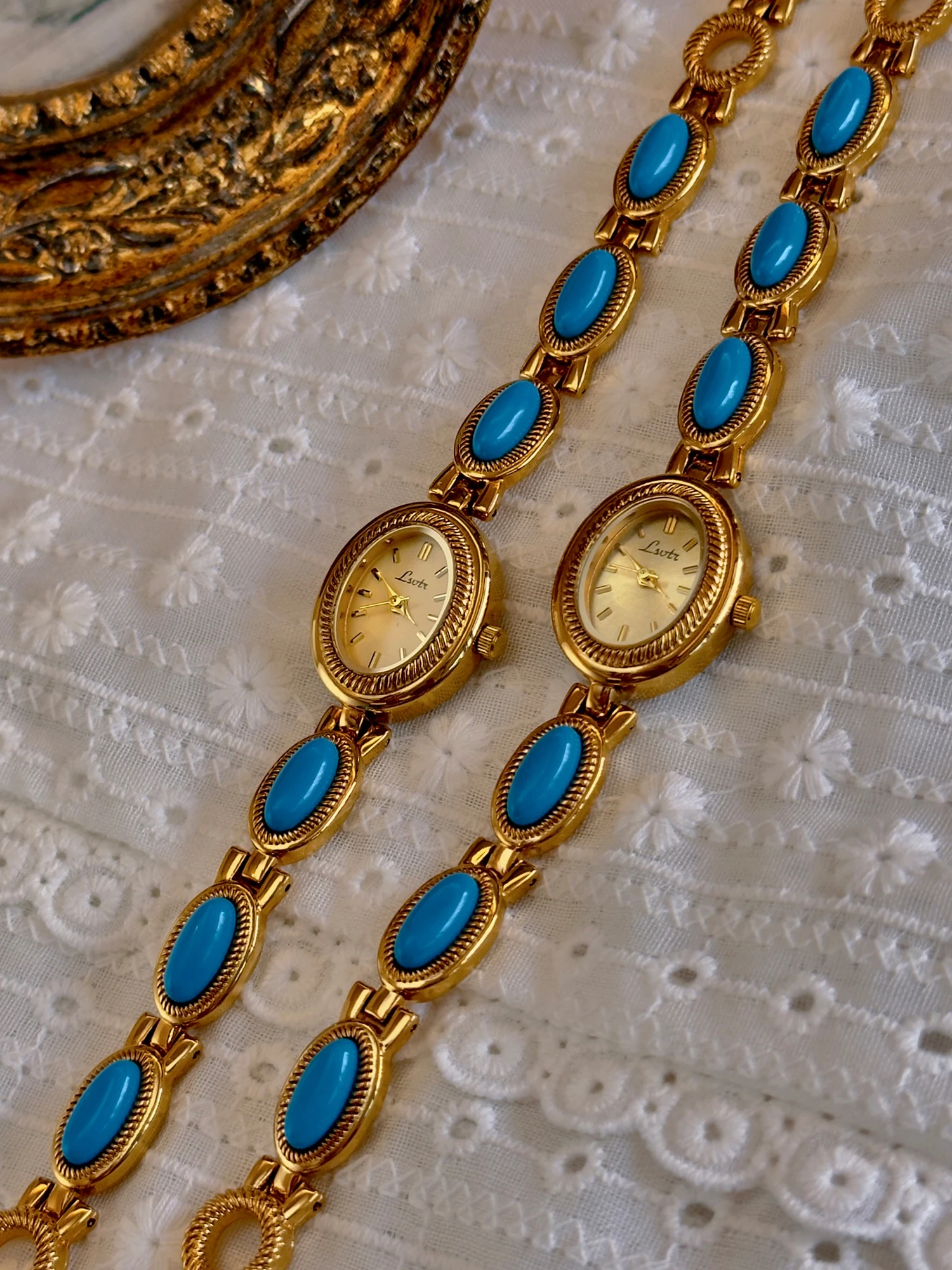 1 Piece of French Fashionable and Elegant Women\'s Watch with Artificial Turquoise Gemstone Inlaid Strap, 30m Waterproof Oval Quartz Watch with