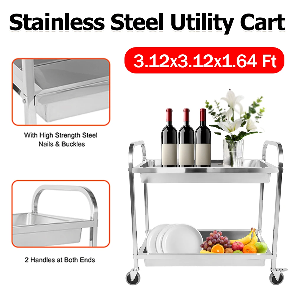 

Металлическая мобильная тележка на колесиках для еды, 2-уровневая кухонная тележка, тележка для хранения еды, тележка для кухни, ресторана, больницы, дома