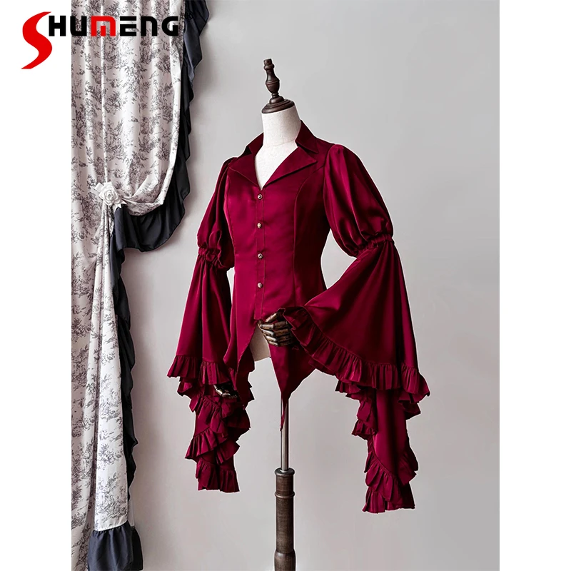 

New Year Red Gothic V-neck Shirt Female Slim Fit Vintage Elegant Court Style Lolita Long Sleeve Blouses Tops Spring and Autumn