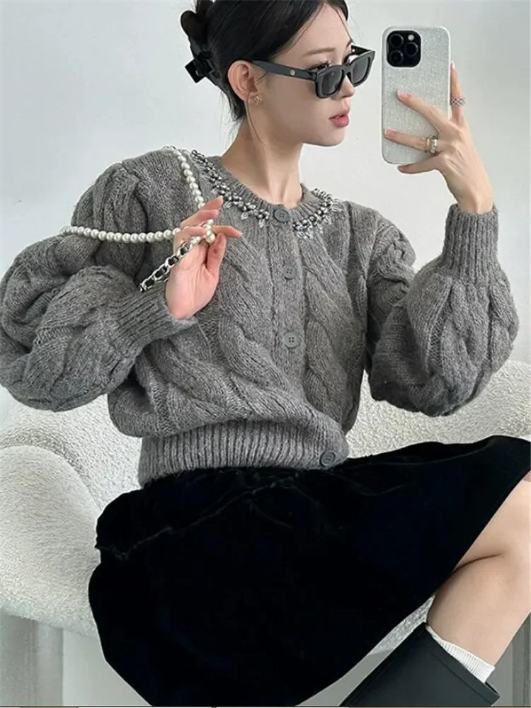 Celebrity Girl Fashion Glitter Rhinestone Grey Sweater Elegant Design O Neck Knit Cardigan New Fall Long Sleeve Short Top Jumper