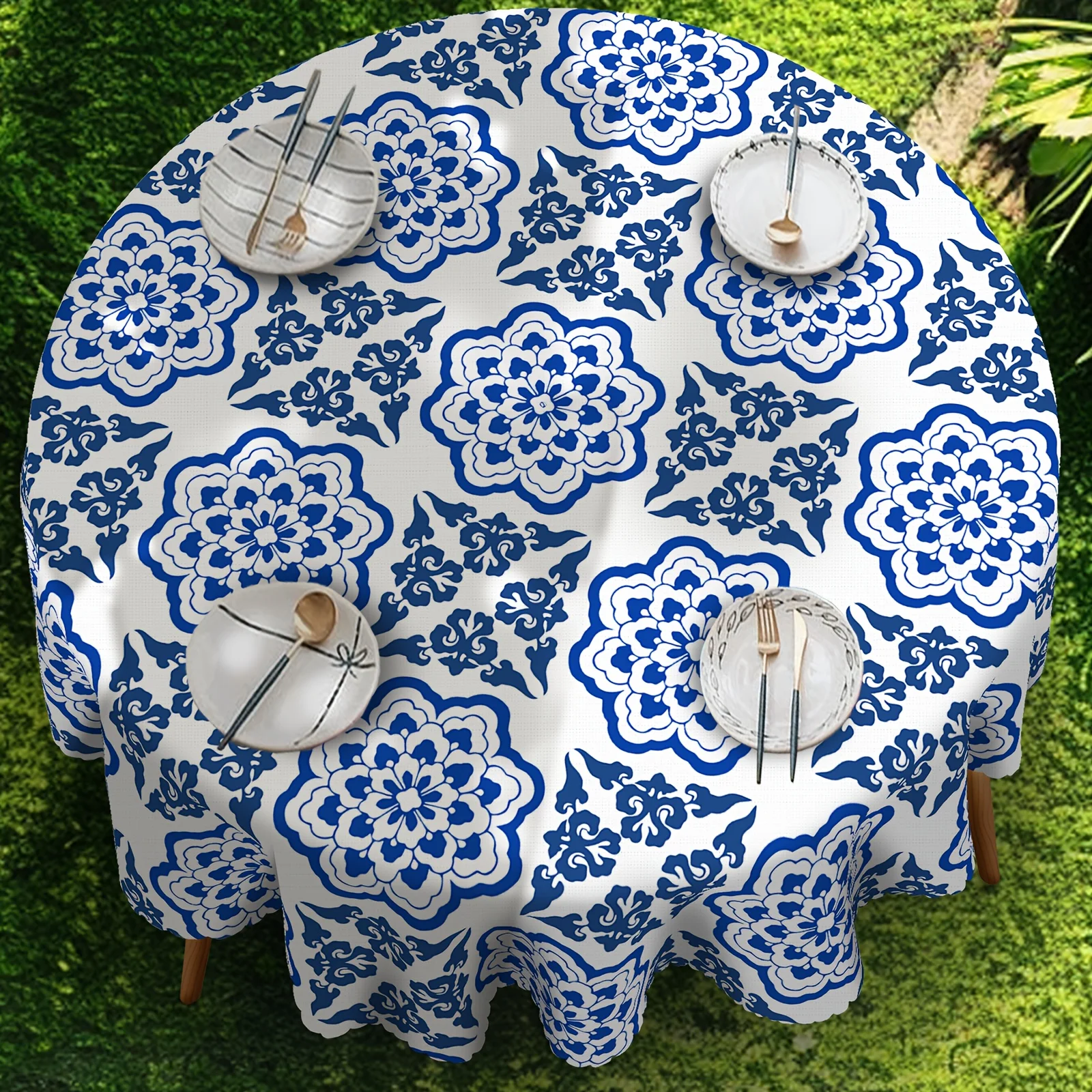 1 item, Bohemian geometric blue and white rectangular tablecloth, blue and white circular tableclothzyc