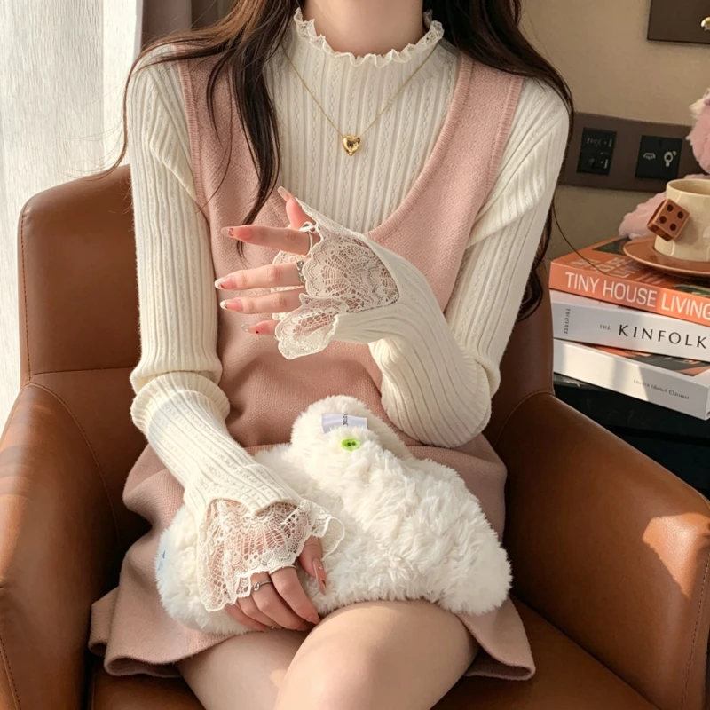 Autumn Winter New Chic Office Turtleneck Bottoming Sweater Cover Lace Lotus Leaf Fungus Edge Horn Sleeve Women's Knitted Sweater