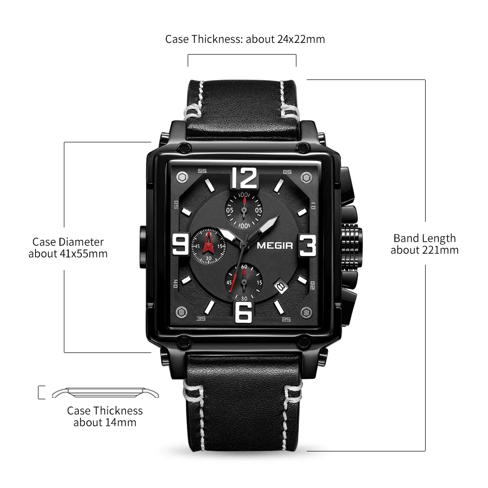 MEGIR Original Fashion Square Quartz Watches Men Sports Military Wristwatch Calendar Waterproof Chronograph Male Montre Homme