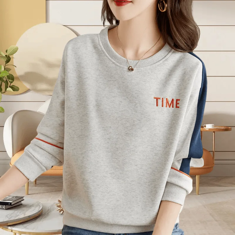 

Autumn and Winter Women's Pullover Round Neck Letter Print Embroidery Contrast Lantern Long Sleeve T-Shirts Fashion Casual Tops