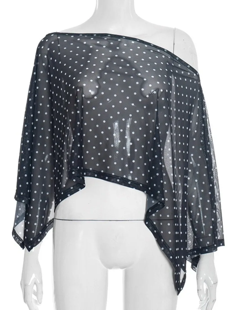 FDYOUI Camicette eleganti sexy con stampa a pois Top per donna 2025 Autunno Lady con spalle scoperte Copricostumi neri irregolari trasparenti