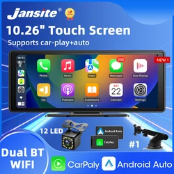 Jansite 10.26” Inch CarPlay Android Auto Car Radio Multimedia Video Player IPS Touch Screen With AUX USB Rearview Camera