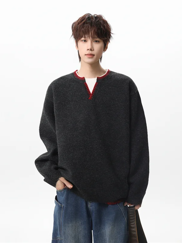 

Новогодний красный вязаный свитер с имитацией двухслойности для мужчин, зимний, премиум-класса, стильный, базовый, с эффектом многослойности